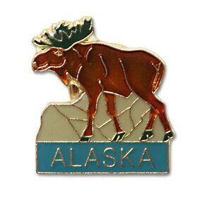 Vintage Alaska Enamelled Pin USA Moose Outdoors Metal Gold Lapel Souvenir